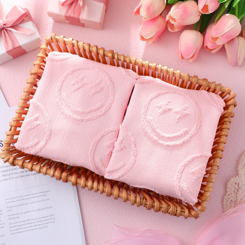 FuWeave 2 Pcs Smiling Face Hand Towels for Bathroom Pink Preppy Hand Towels 100% Cotton Absorbent Decorative Jacquard Weave Bath Decor Cute Bathroom Decor Gift  13. 7 x 29. 5 Inch - Image 5